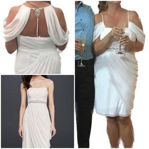 Goddess Draping Bride Wedding Dress Knee Length Short Jeweled Detail Sheer Layer